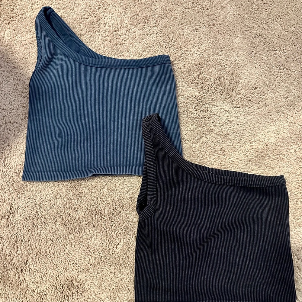 Savvi- One-Shoulder Ribbed Crop Tops - Black